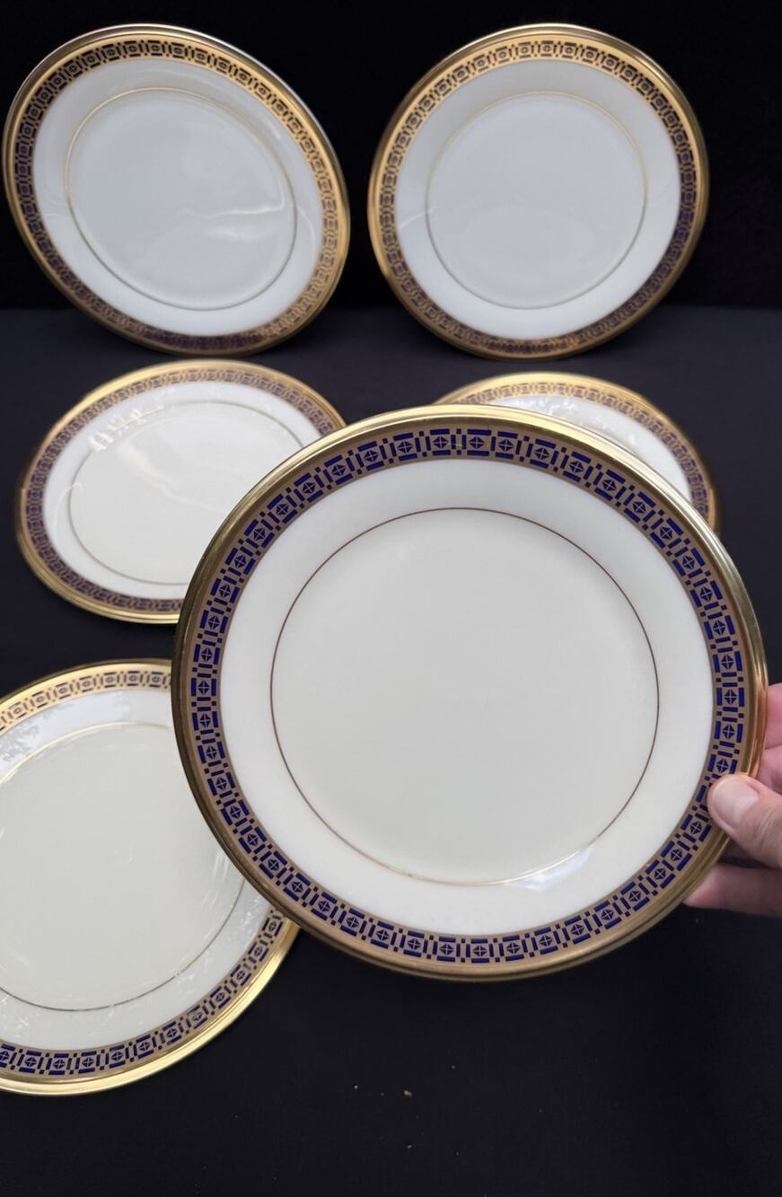 6 LENOX China Tudor Salad Plates 8" Gold & Blue Trim USA Vintage Rare! EUC!